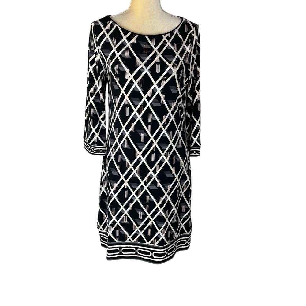 White House Black Market Boatneck ¾ Sleeve Dress Tunic Geometric Black Gray M‎